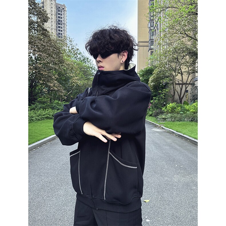 抖音得物高品质秋冬美式高街重磅结构辑明线纹理连帽卫衣外套W111,女装短外套,电商A486-1