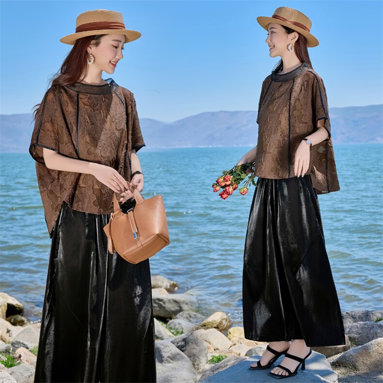 时尚套装女2025夏季新款宽松显瘦洋气复古提花短袖阔腿裤子两件套,女装套装/套裙,缘衣格