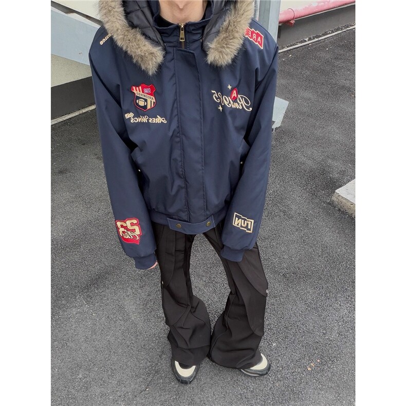 美式复古刺绣徽章座山雕棉衣外套男女冬季小众保暖夹克图片
