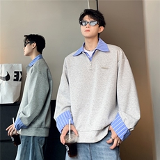 韩版假两件衬衫春秋拼接卫衣长袖男翻领宽松套头POLO上衣W100-P58，男装Polo衫，电商C307