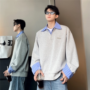 韩版假两件衬衫春秋拼接卫衣长袖男翻领宽松套头POLO上衣W100-P58图片