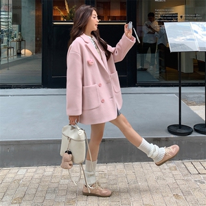 粉色毛呢西装外套春秋女2025新款韩系甜气小个子双面呢小西服图片
