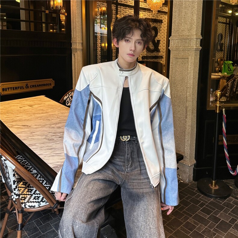 春秋皮衣夹克男女炸街牛仔拼接赛车服宽松痞帅外套潮流W6729-P75，男装皮衣，星座412-3