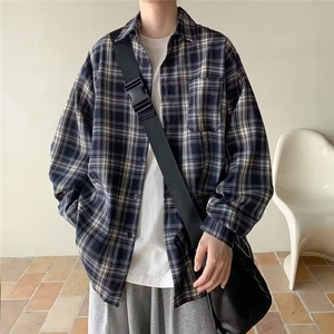 格子长袖衬衫男日系复古潮宽松休闲衬衣外套衬衫网图CS40-P35有货图片