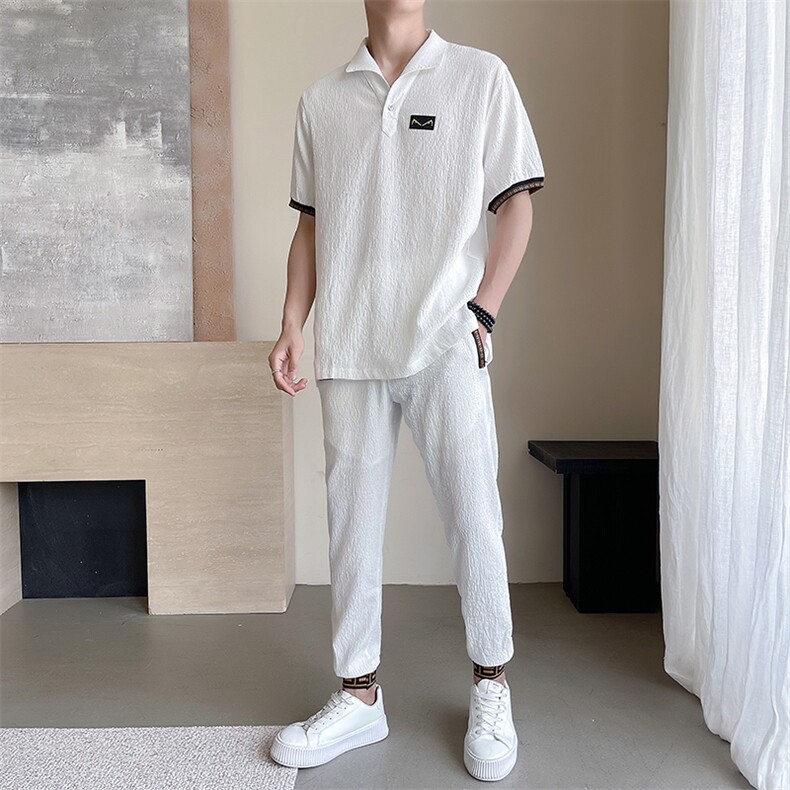 新款风休闲运动套装风高端V领轻薄垂感褶皱短袖两件套TZ303,男装休闲套装,星座305A（原312A-1）
