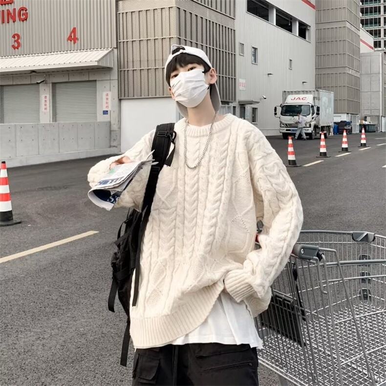 黑色麻花毛衣男女简约秋冬季鹿毛绒套头针织衫7118-P48图片