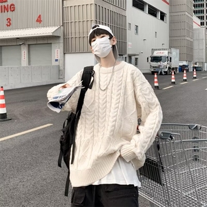 黑色麻花毛衣男女简约秋冬季鹿毛绒套头针织衫7118-P48图片
