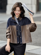 复古时尚立领牛仔拼接皮外套女2025秋季新款时尚百搭短款夹克上衣，女装皮衣，简古