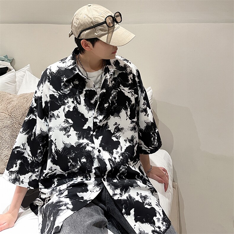 夏季豹纹短袖衬衫男女ins五分袖冰丝衬衣夜店潮A071-C59-P38，男装T恤，电商A071