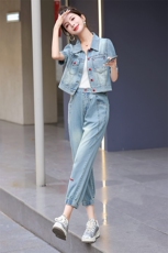 港风复古休闲牛仔套装女2025夏季新款气质减龄洋气时尚修身两件套，女装套装/套裙，意芙
