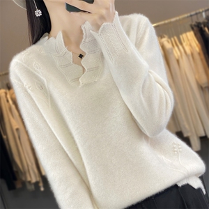 秋冬新款100%纯羊绒衫女V领花边宽松长袖提花时尚羊毛针织打底衫图片