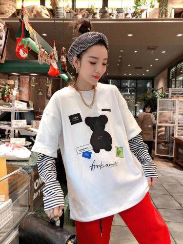春季上新小熊款假两件T，女装，一杭