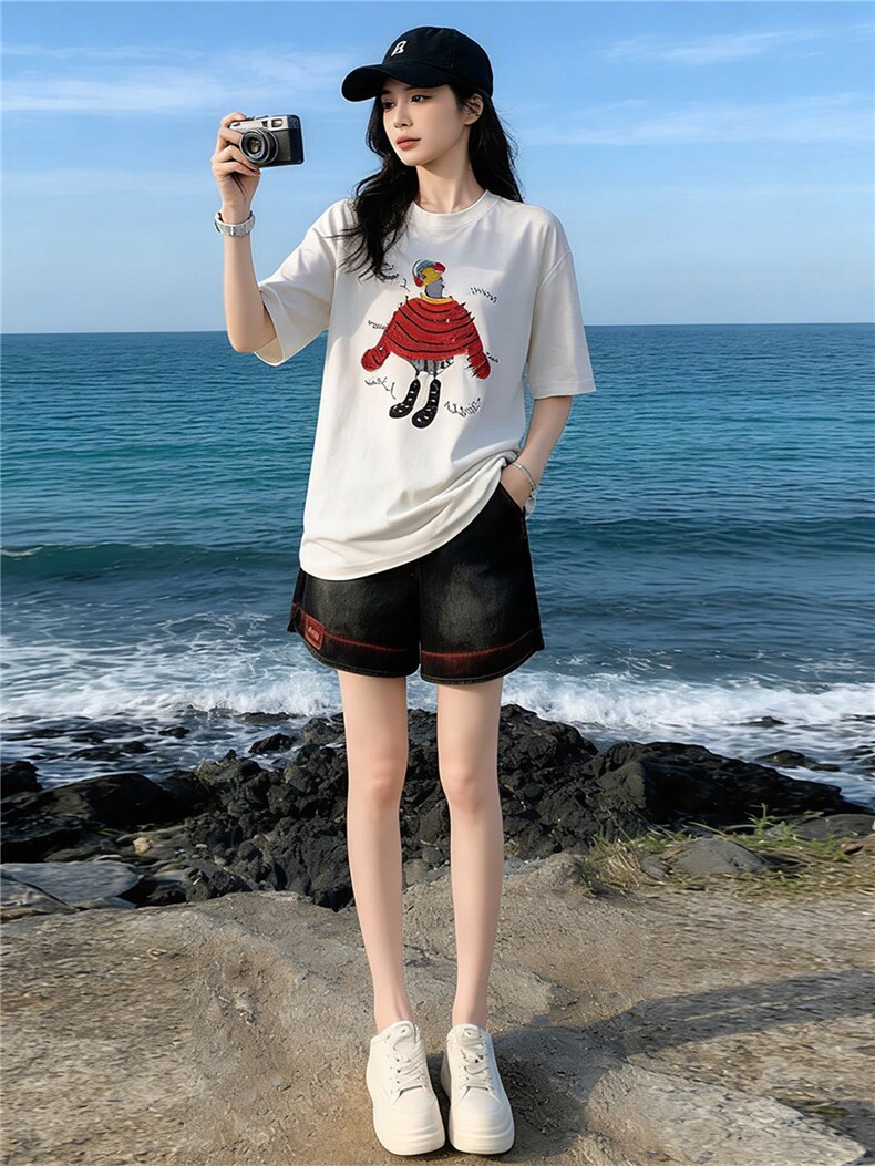 欧货休闲时尚运动套装女夏新款圆领重工刺绣T恤宽松牛仔裤两件套,女装套装/套裙,江南