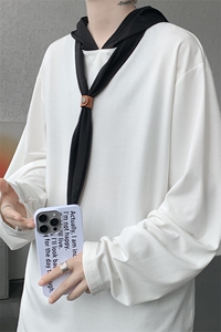 韩系学院风设计自带领带cleanfit长袖T恤简约拼色连帽上衣打底P48图片