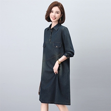 牛仔连衣裙女2025春秋新款休闲宽松遮肚时尚气质妈妈长袖翻领裙子，女装连衣裙，希欧阁