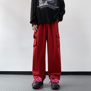 红色翻边工装裤男女夏季女美式复古多巴胺高腰阔腿裤子GK666-p55图片