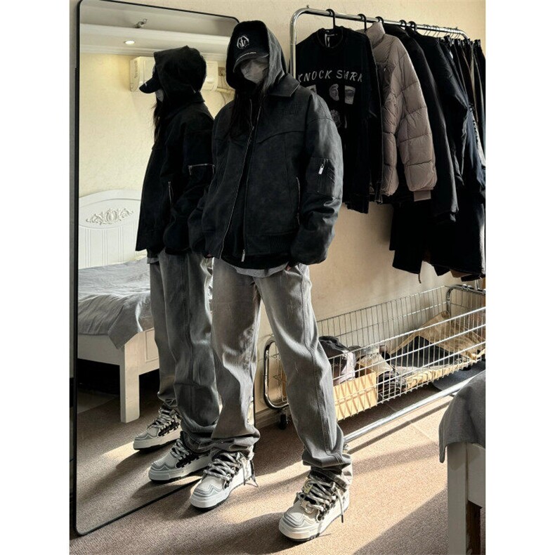 美式hiphop烟灰色毛边修身直筒显瘦牛仔裤痞帅高街,男装牛仔裤,星座310A-4