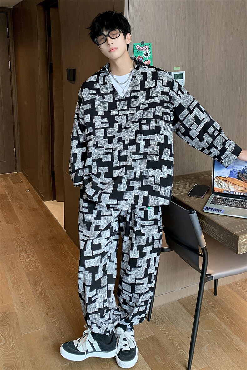 港风V领长袖衬衫一套装九分裤男搭配9分袖POLO衫男TZ7732P75控,男装衬衫,星座226-1