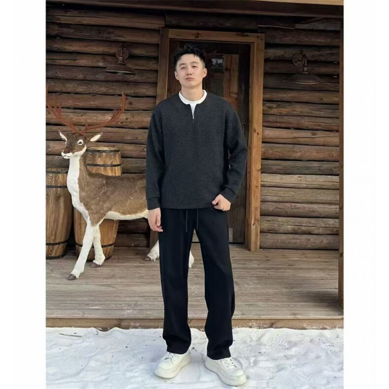 密歇根绵羊毛假两件半拉链老钱V领宽松情侣百搭针织衫毛衣XM03P65,男装针织衫/毛衣,电商D256