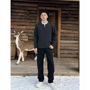 密歇根绵羊毛假两件半拉链老钱V领宽松情侣百搭针织衫毛衣XM03P65图片