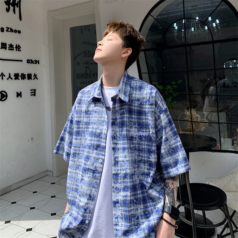 2026夏美式扎染刺绣格子短袖衬衫衬衣五分袖CS1806/特P28蓝,男装T恤,电商A094