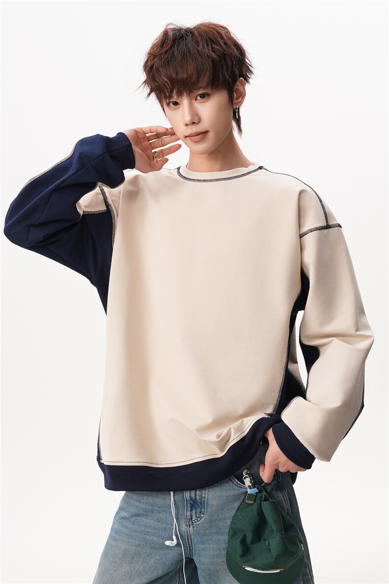 6XL-M美式拼接撞色圆领卫衣男痞帅套头上衣外套WY48-P60380g,女装短外套,电商D206-1