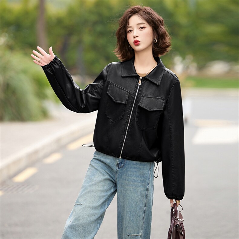 高级感复古休闲皮衣女春季新款短款气质宽松美式夹克上衣外套,女装皮衣,美拉德工厂直营店