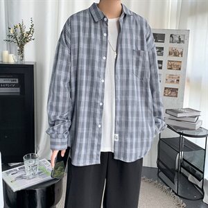 港风新款秋季外穿长袖衬衫男  百搭休闲格子衬衣外套CS22/图片