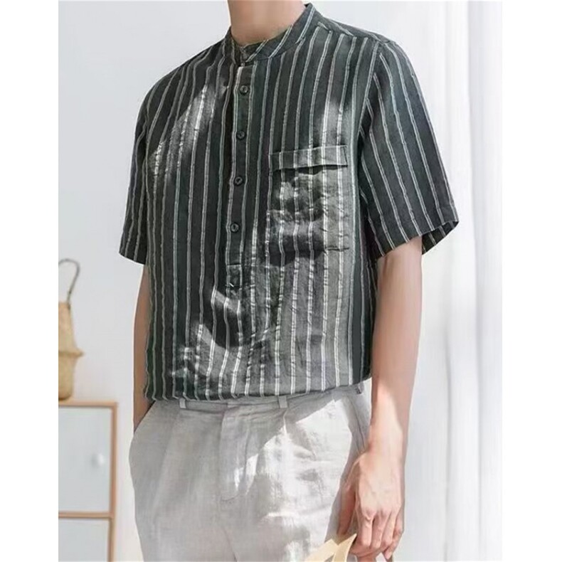 日系立领半袖衬衫男宽松薄款T恤夏季休闲复古透气套头衬C305,男装T恤,星座1116A（原606A-3）