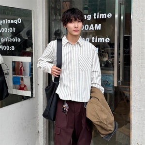 美式潮牌高街复古泡泡纱竖条纹日系肌理长袖衬衫男女休闲宽松衬衣图片