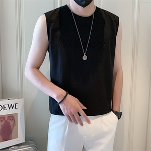 B04-特P28控48男士圆领纯棉透气凉爽印花无袖坎肩宽松背心男黑图片