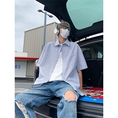 美式条纹拼接翻领短袖衬衫男夏季潮牌轻薄凉感宽松学院风衬衣外套，男装衬衫，电商A007