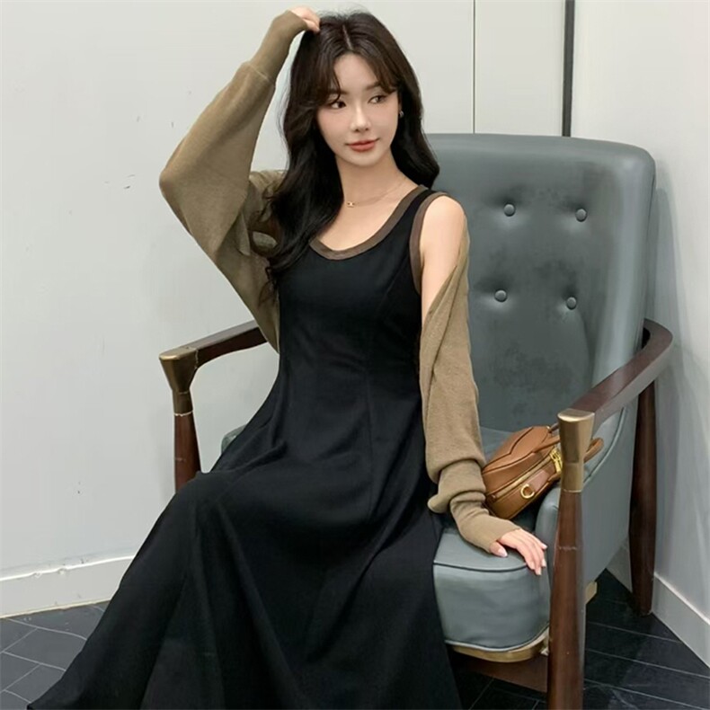 2024精品现货秋装女新款时尚针织披肩气质修身吊带连衣裙套装,女装套装/套裙,煊芮熙