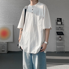 8XL-M亨利领亚麻短袖t恤男弹力大码宽松半袖开衩设计体恤DT002P45，男装T恤，电商B312