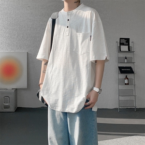 8XL-M亨利领亚麻短袖t恤男弹力大码宽松半袖开衩设计体恤DT002P45图片