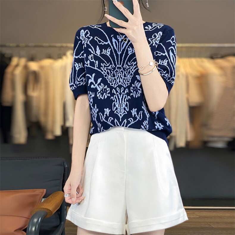 夏季新款纯棉圆领提花短袖女宽松百搭显瘦时尚休闲上衣,女装T恤,丽特绒