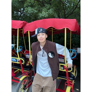 美式复古太极摇粒绒马甲外套男秋冬季棕色百搭背心HMY238图片