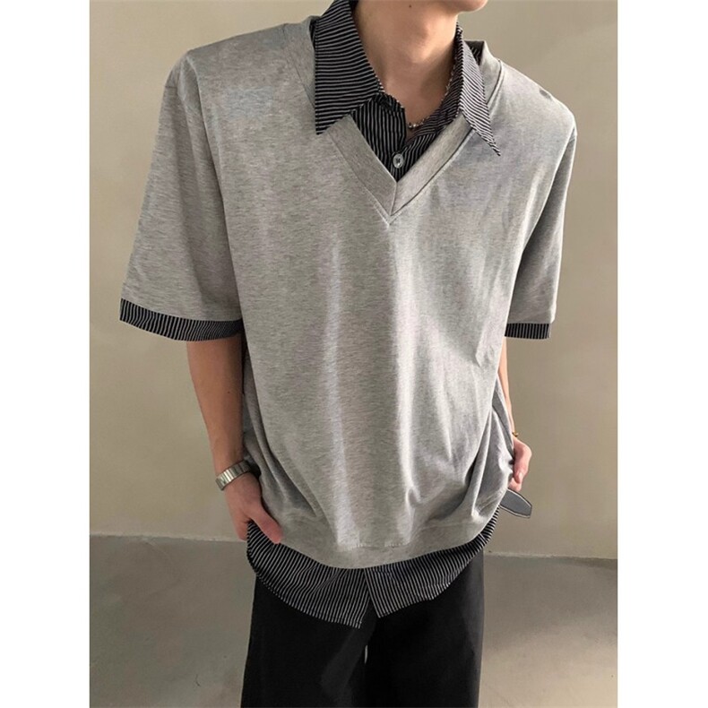 夏季小众高级感假两件设计短袖T恤男翻领痞帅POLO衫潮 T0015图片