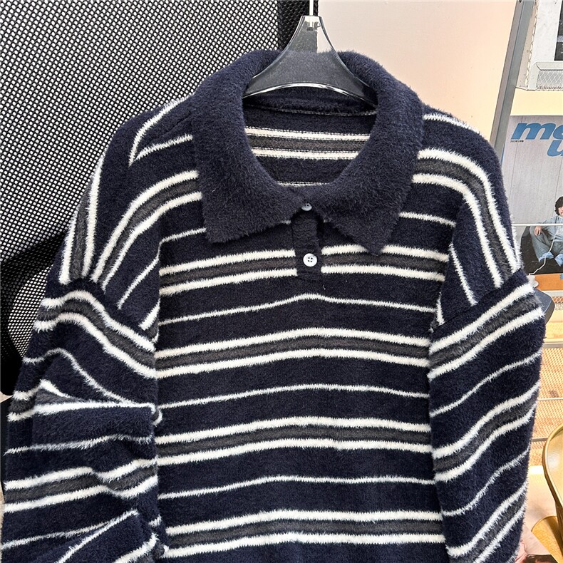 条纹polo领毛衣男女秋冬高级感痞帅慵懒风针织衫外套9245P55,男装针织衫/毛衣,星座410-2