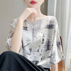 夏季醋酸缎面印花短袖女气质一五分袖字领T恤半袖百搭真丝上衣薄图片