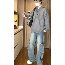 重磅秋冬装北极绒开衫毛衣美式复古休闲慵懒风针织衫加厚连帽外套，男装针织衫/毛衣，电商A486