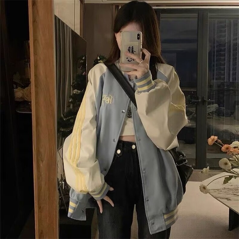 美式撞色三条杠男女棒球服春秋休闲百搭潮牌夹克情侣外套ins,男装夹克,星座506A