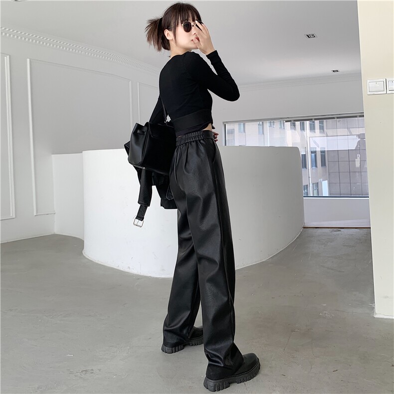 2023秋冬新款PU皮裤宽松直筒小个子高腰阔腿女裤休闲西装裤长裤,女装休闲裤,梦白服饰厂