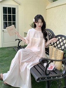 法式小资泡泡袖粉色连衣裙配上衣套装女夏超火好看绝美长裙两件套图片