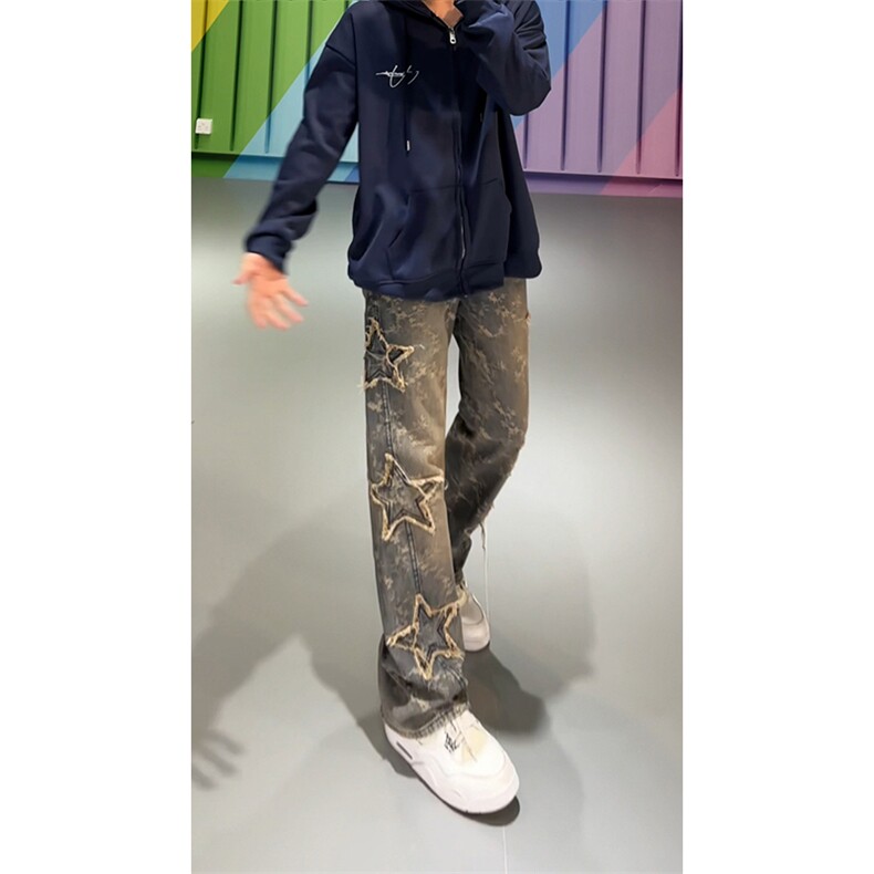 B221美式ins高街小众五角星提花直筒牛仔裤LK24378-特P58控98,男装牛仔裤,电商B221
