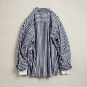 B413-1-DX6135美式复古提花长袖衬衫男女潮流宽松条纹百搭衬衣服图片