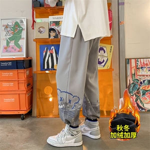 加绒加厚 港风冬新款撞色印花抽绳束脚休闲裤 2114-2-P55控75图片