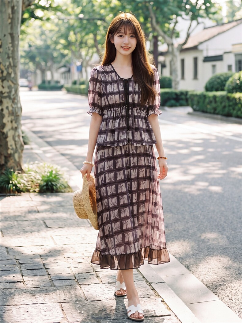 时尚休闲格纹显瘦系带上衣木耳边半裙超仙两件套女,女装套装/套裙,水衣源