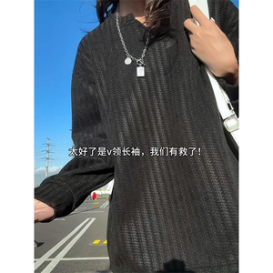 美式高街千鸟格子长袖T恤男女亨利V领英伦雅痞休闲宽松长袖打底衫图片