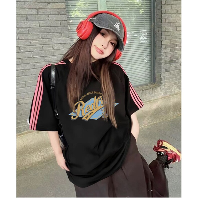 抖音得物品质二开240克宽松纯棉美式潮牌印花三条杠中性风短袖T恤,男装T恤,电商A486